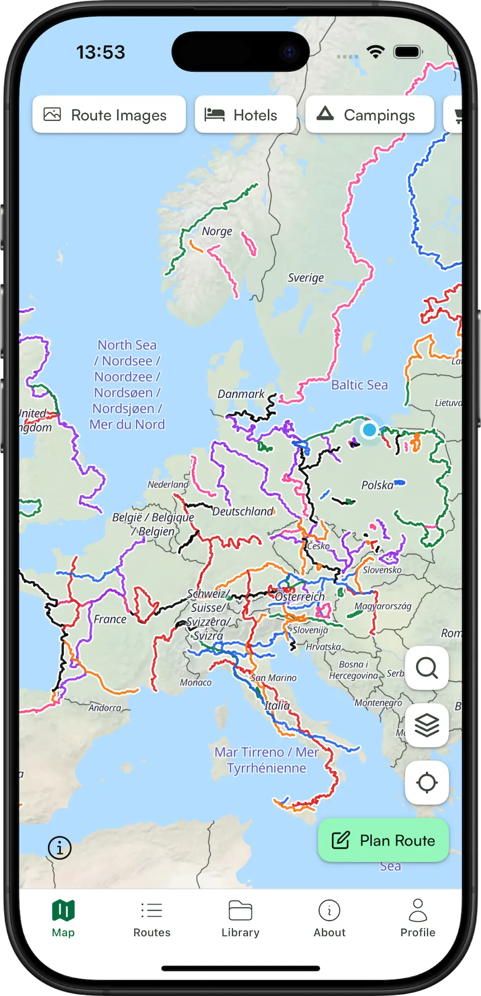 VeloPlanner mobile app showing a list of European cycling routes