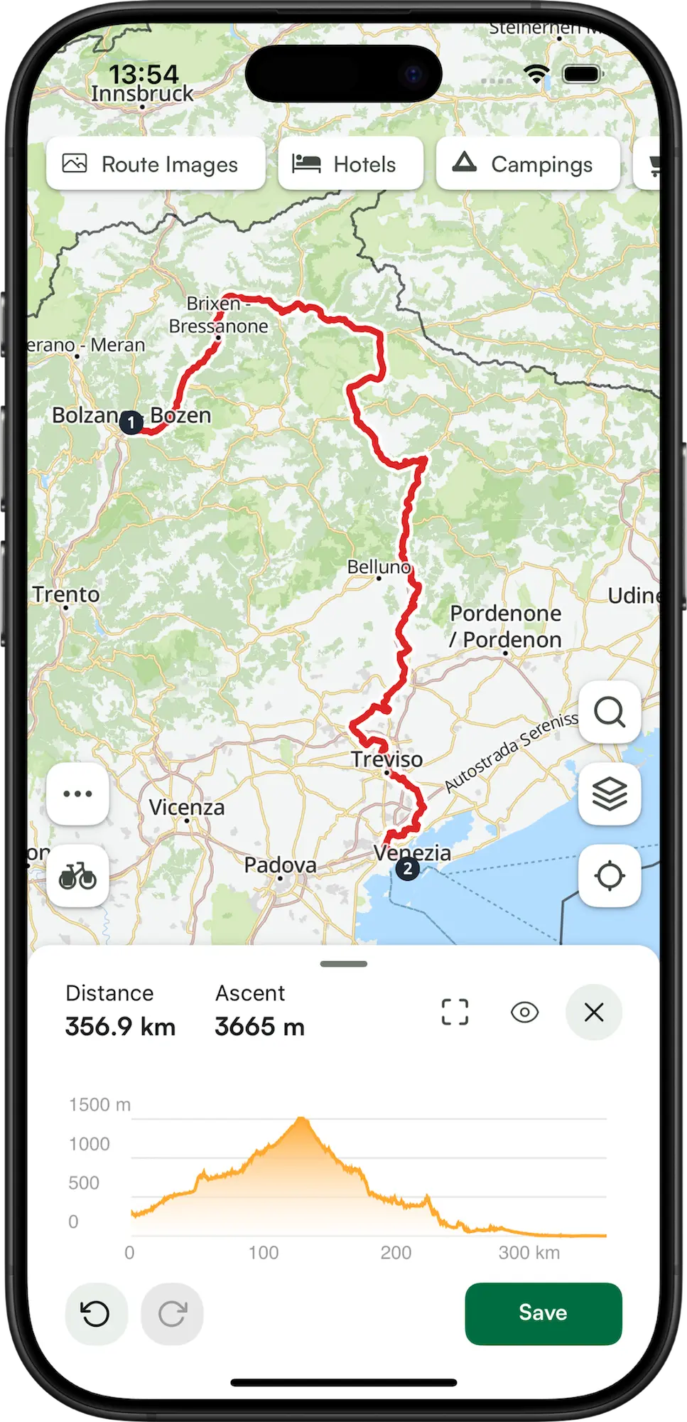 VeloPlanner mobile app route planner with waypoints and elevation profile
