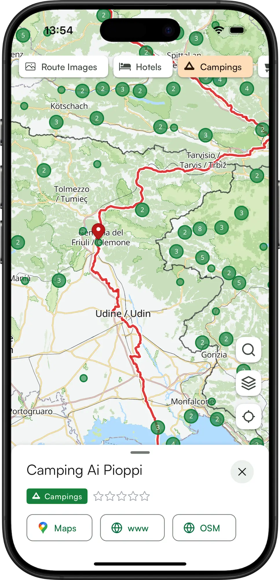 VeloPlanner mobile app showing points of interest along a cycling route